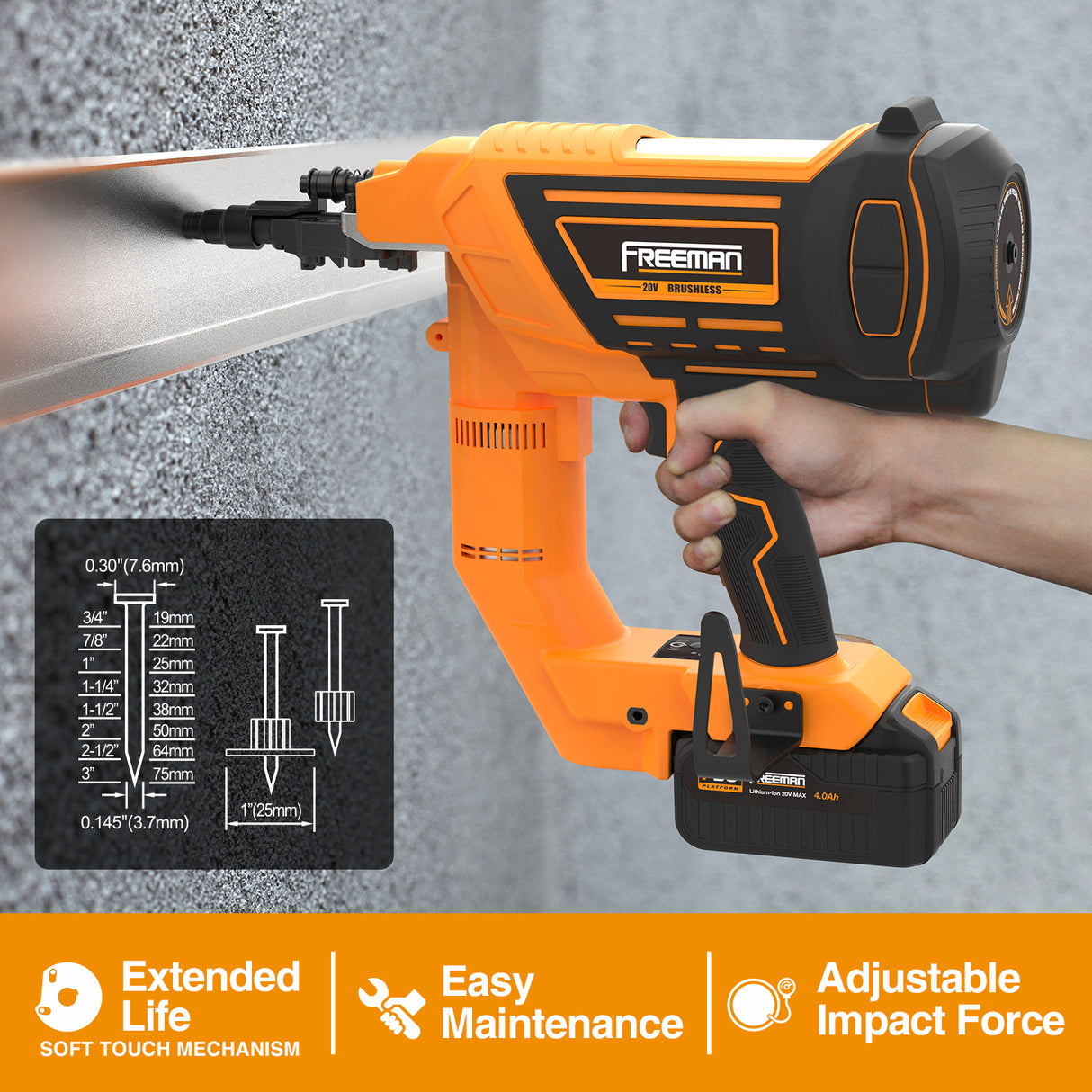 20V Cordless and Brushless 3" Single Pin Concrete Nailer