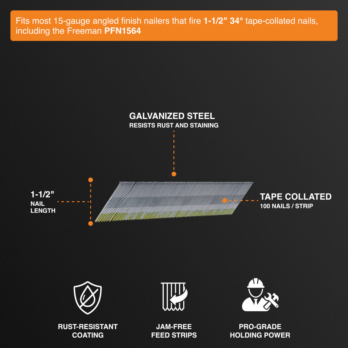 15-Gauge 34 Degree Angle 1-1/2" Tape Collated Finish Nails (1000 Count)