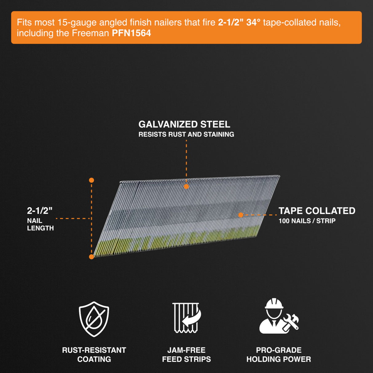 15-Gauge 34 Degree Angle 2-1/2" Tape Collated Finish Nails (1000 Count)