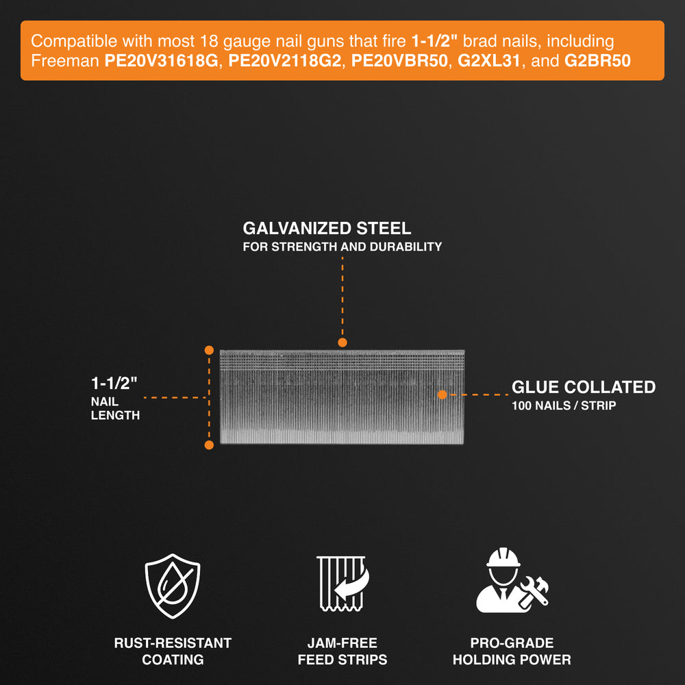 BN18-15-5K 18-Gauge 1-1/2" Glue Collated Brad Nails (5000 Count)