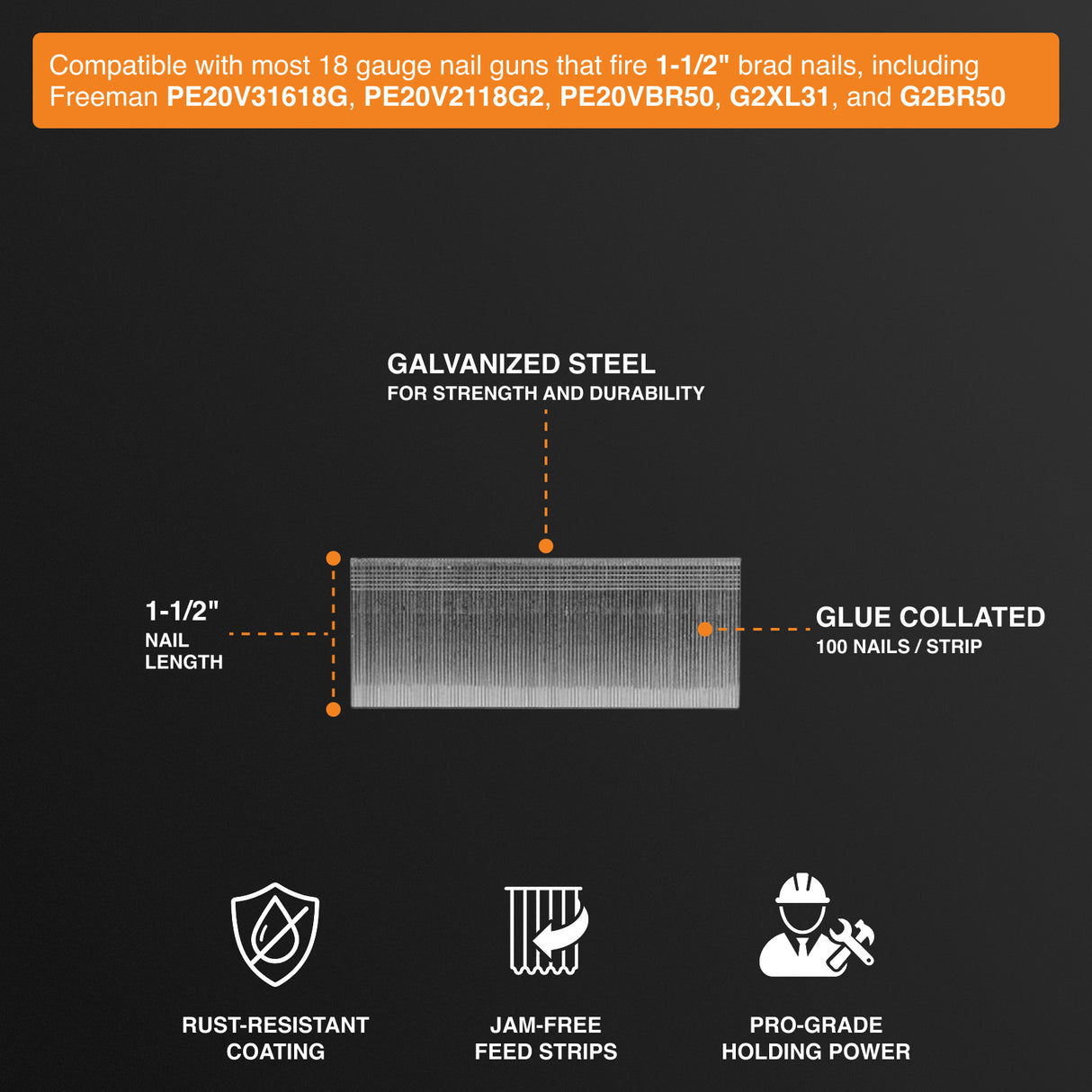 18-Gauge 1-1/2" Glue Collated Brad Nails (1000 Count)