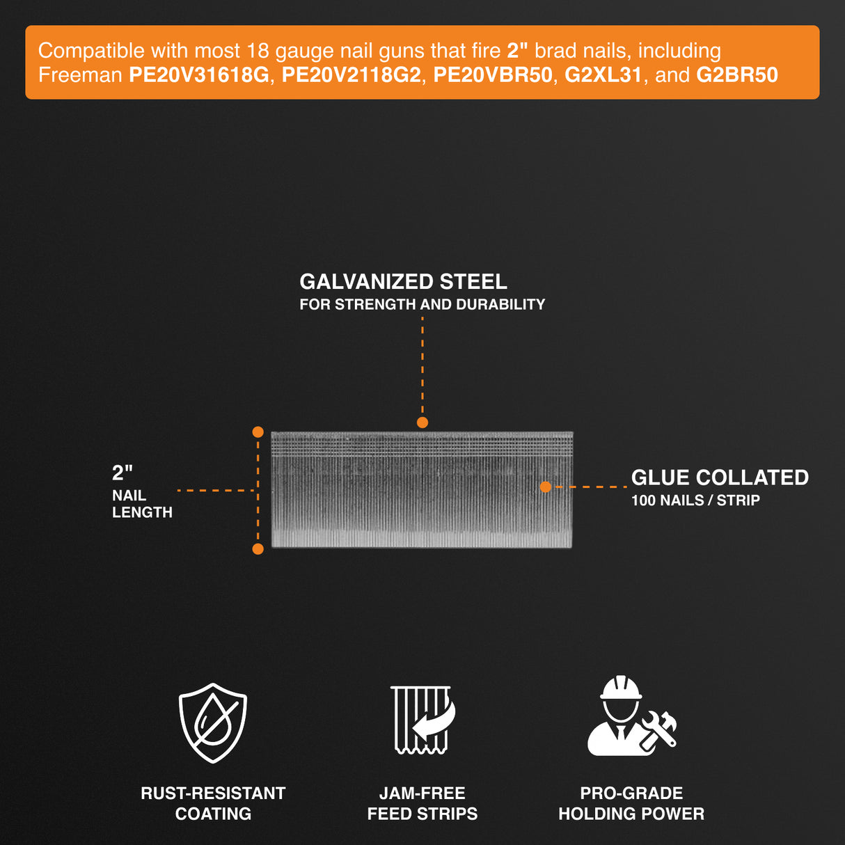 18-Gauge 2" Glue Collated Brad Nails (1000 Count)