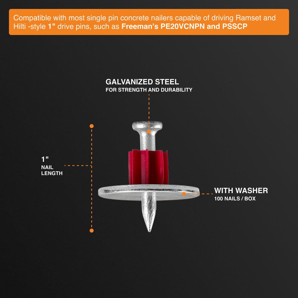 CNDPNW1-MC 1" Concrete Drive Pins with Washers (1,000 Count) - BULK