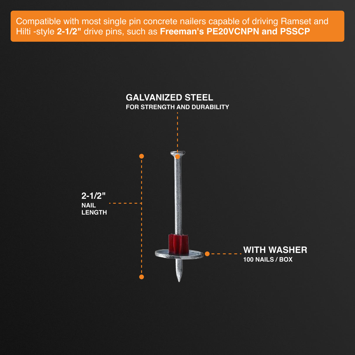 CNDPNW25 2-1/2" Concrete Drive Pins with Washers (100 Count)
