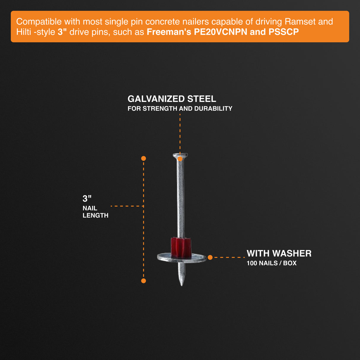 CNDPNW3 3" Concrete Drive Pins with Washers (100 Count)