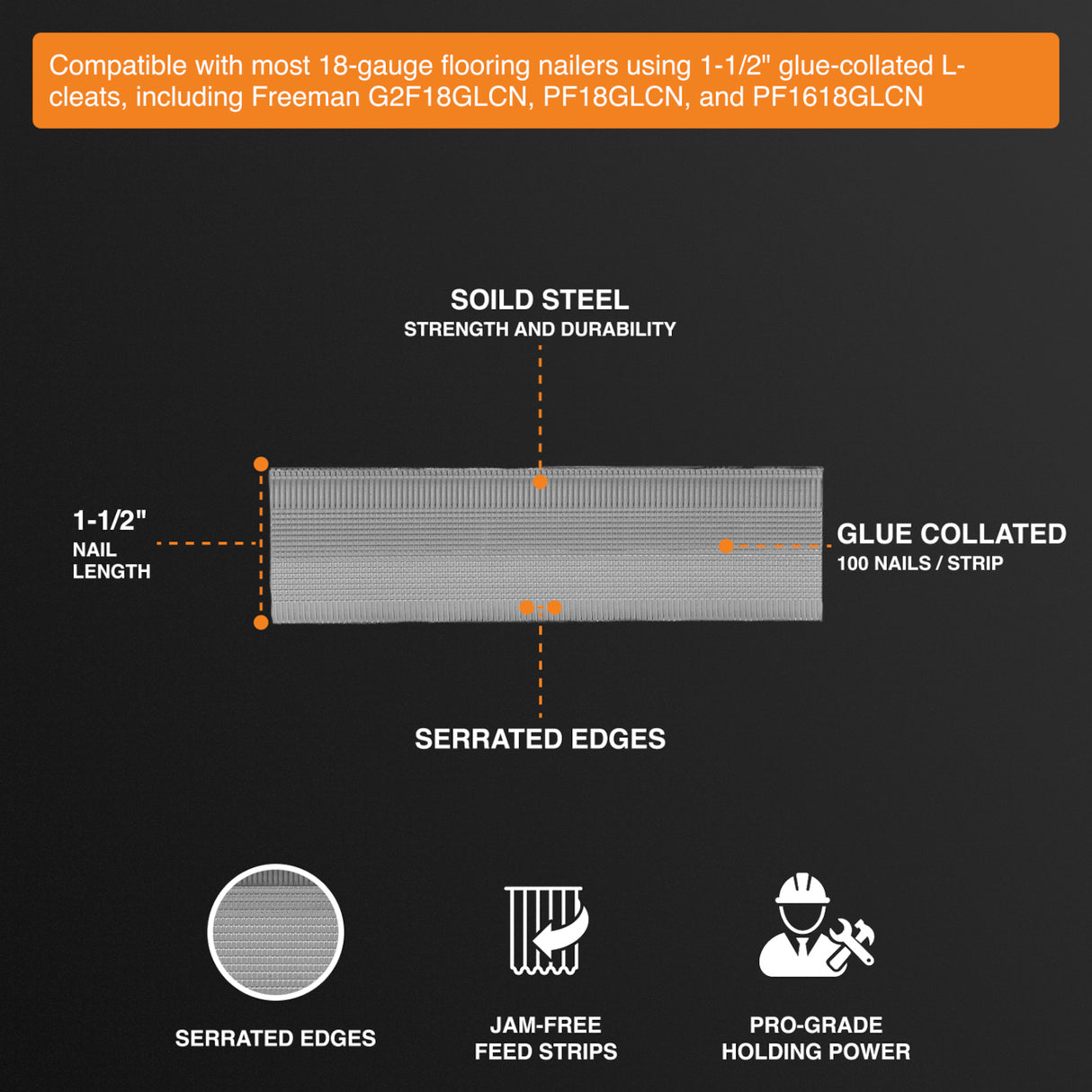 FN18L150 18-Gauge 1-1/2" Glue Collated Flooring L-Cleats (500 Count)