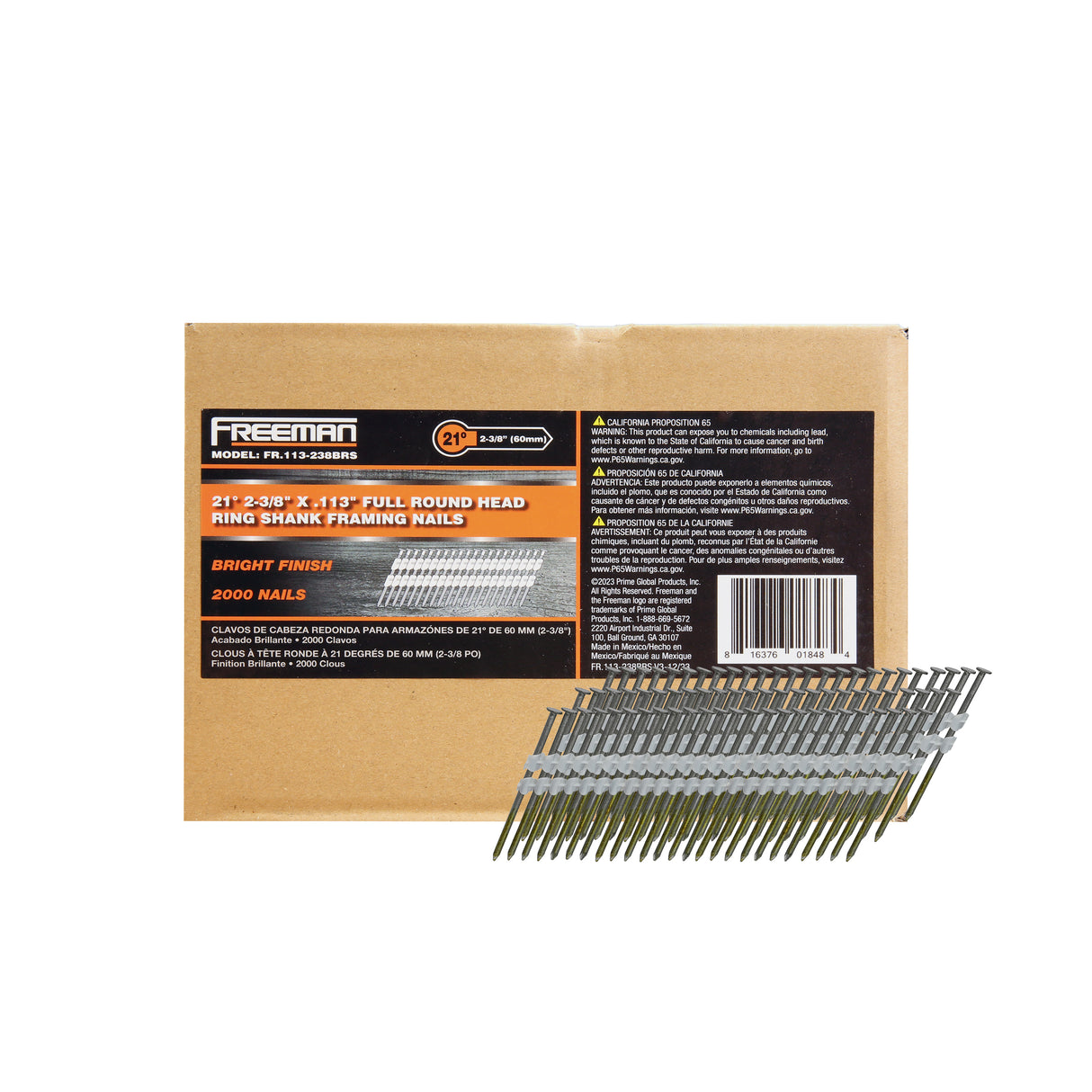 FR.113-238BRS 21 Degree .113" x 2-3/8" Plastic Collated Bright Finish Ring Shank Full Round Head Framing Nails (2000 Count)