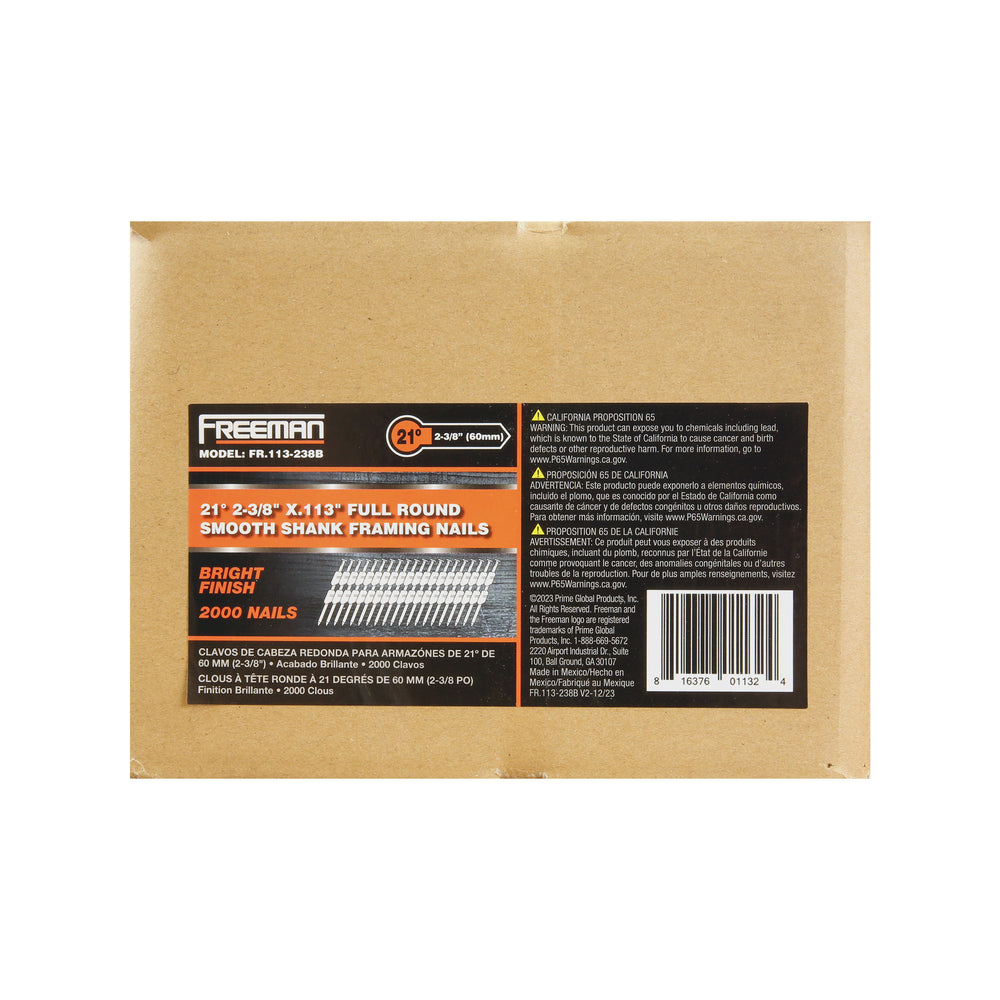 21 Degree .113" x 2-3/8" Plastic Collated Bright Finish Smooth Shank Full Round Head Framing Nails (2000 Count)