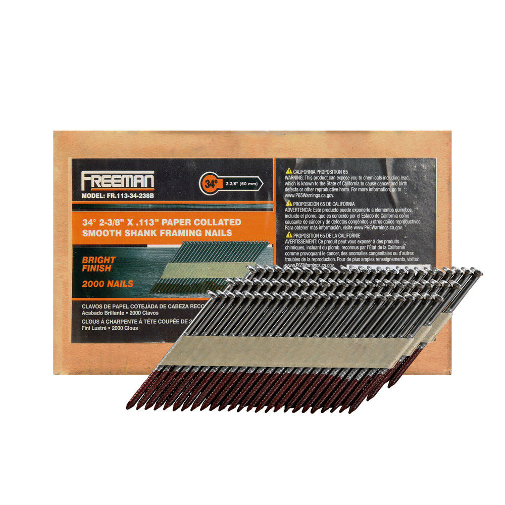 FR.113-34-238B 34 Degree .113" x 2-3/8" Paper Collated Bright Finish Smooth Shank Clipped Head Framing Nails (2000 Count)