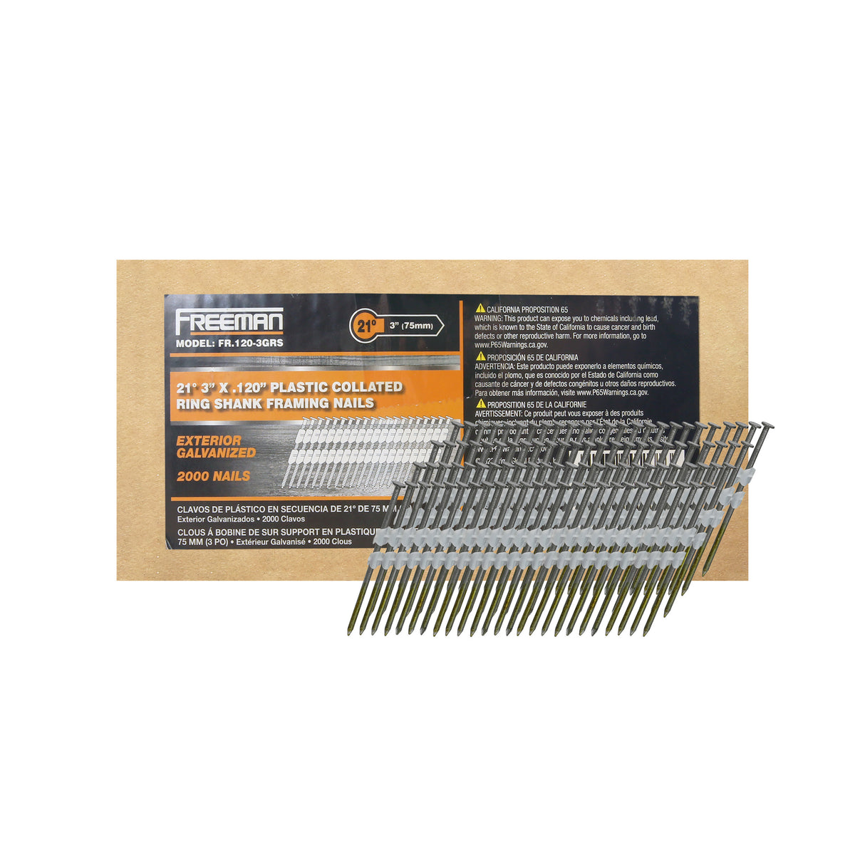 FR.120-3GRS 21 Degree .120" x 3" Plastic Collated Galvanized Ring Shank Full Round Head Framing Nails (2000 Count)