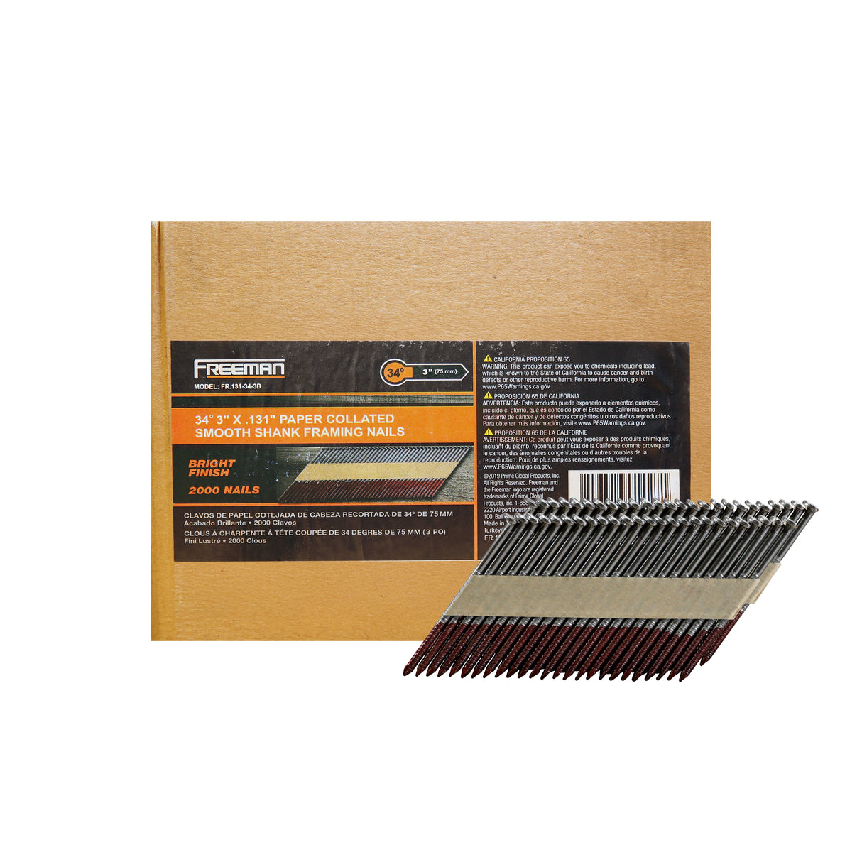 FR.131-34-3B 34 Degree .131" x 3" Paper Collated Bright Finish Smooth Shank Clipped Head Framing Nails (2000 Count)