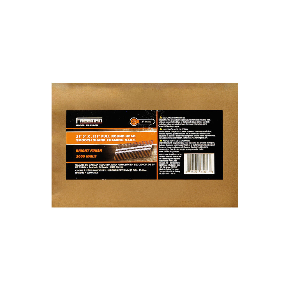 21 Degree .131" x 3" Plastic Collated Bright Finish Smooth Shank Full Round Head Framing Nails (2000 Count)
