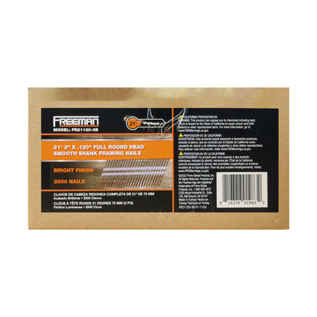 FR21120-3B 21 Degree .120" x 3" Plastic Collated Bright Finish Smooth Shank Full Round Head Framing Nails (2000 Count)
