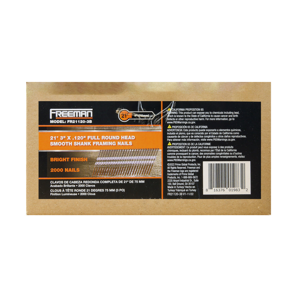 FR21120-3B 21 Degree .120" x 3" Plastic Collated Bright Finish Smooth Shank Full Round Head Framing Nails (2000 Count)