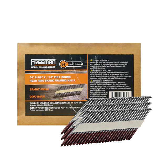 FR34113-238BRS 34 Degree .113" x 2-3/8" Paper Collated Bright Finish Ring Shank Clipped Head Framing Nails (2000 Count)