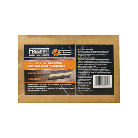 FR34113-238BRS 34 Degree .113" x 2-3/8" Paper Collated Bright Finish Ring Shank Clipped Head Framing Nails (2000 Count)