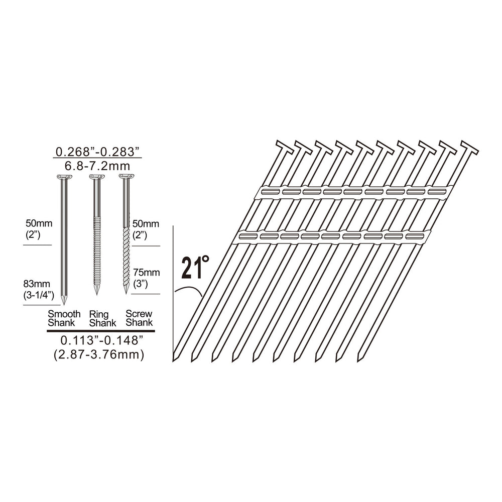 21 Degree 2-3/8" Plastic Collated Smooth Shank Full Round Head Framing Nails (500 Count)