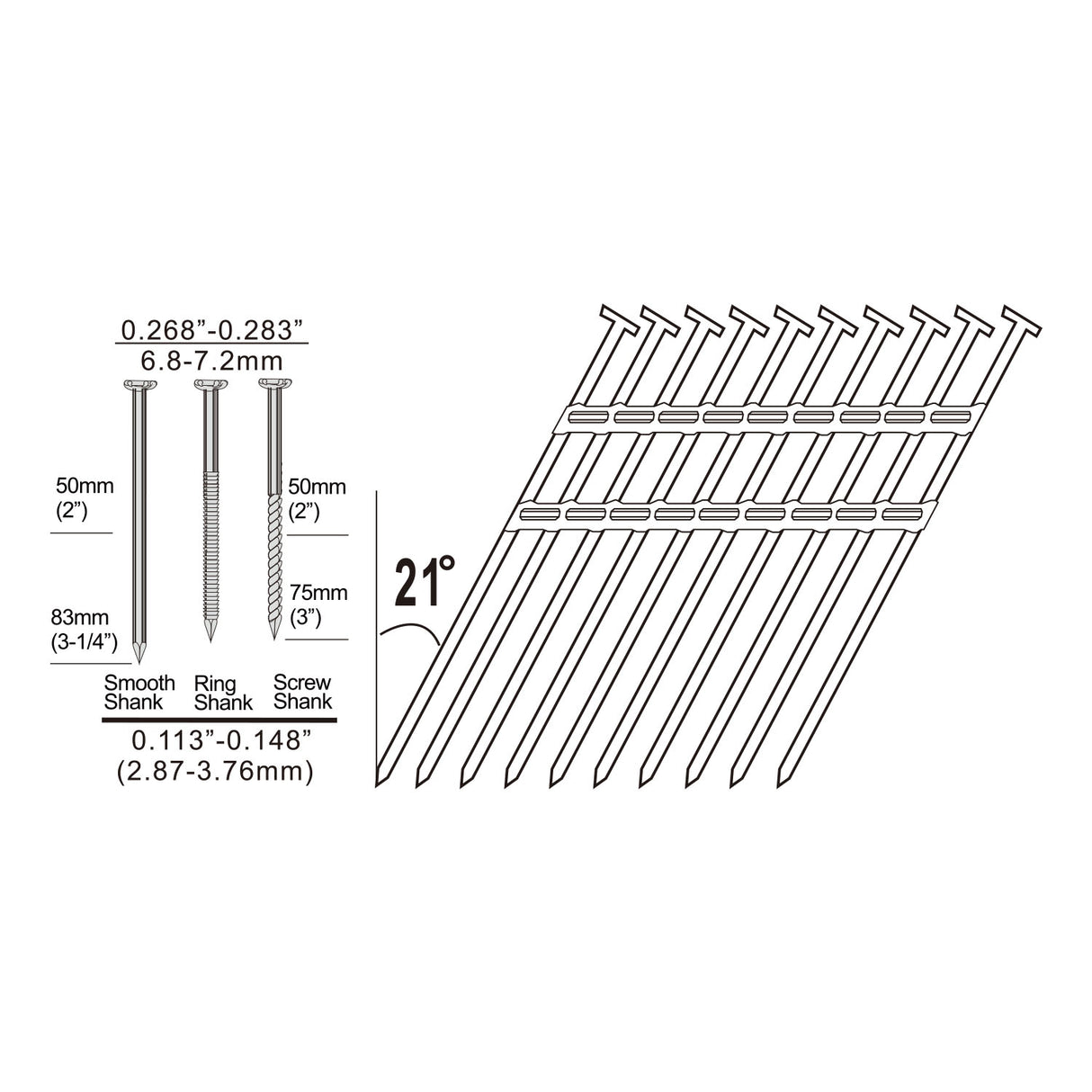 21 Degree 2-3/8" Plastic Collated Smooth Shank Full Round Head Framing Nails (500 Count)