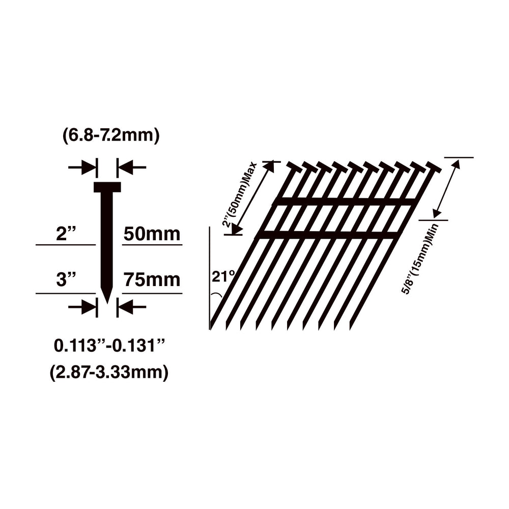 21 Degree .120" x 3" Plastic Collated Full Round Head Smooth Shank Framing Nails (500 Count)