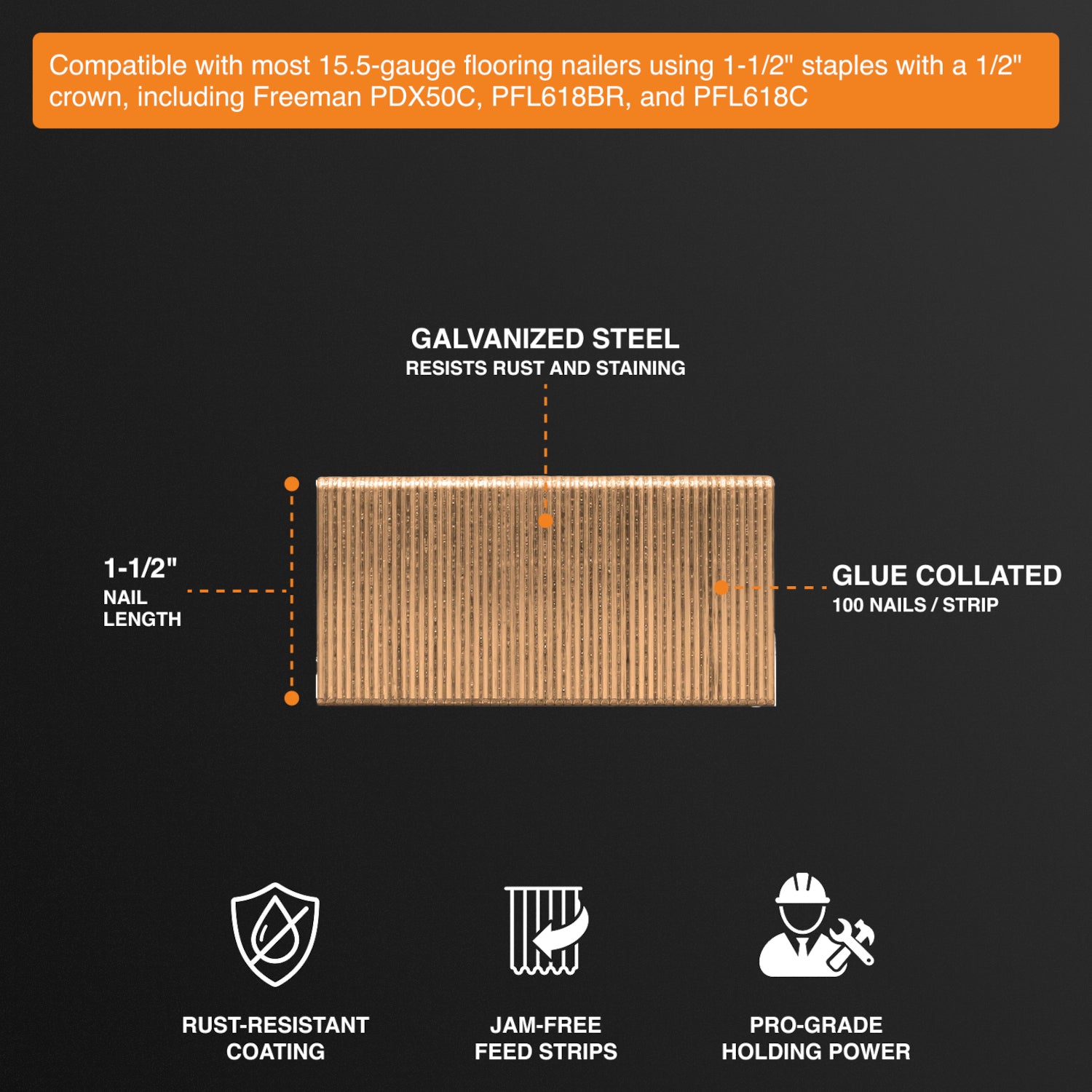FS-151K 15.5-Gauge 1-1/2" Glue Collated Flooring Staples with 1/2" Crown (1000 Count)