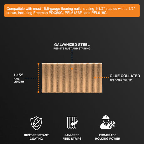 FS-151K 15.5-Gauge 1-1/2" Glue Collated Flooring Staples with 1/2" Crown (1000 Count)
