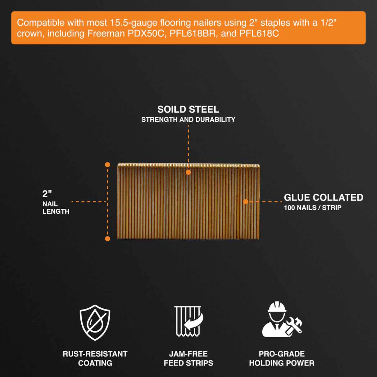 15.5-Gauge 1-1/2" to 2" Glue Collated Flooring Staples with 1/2" Crown