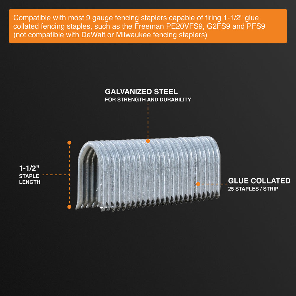 FS9G150 9-Gauge 1-1/2" Glue Collated Fencing Staples (1000 Count)