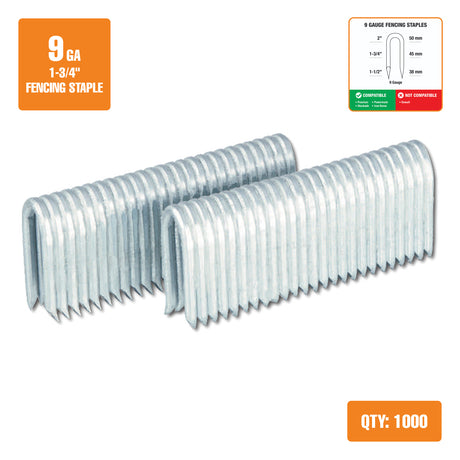 FS9G175 9-Gauge 1-3/4" Glue Collated Fencing Staples (1000 Count)