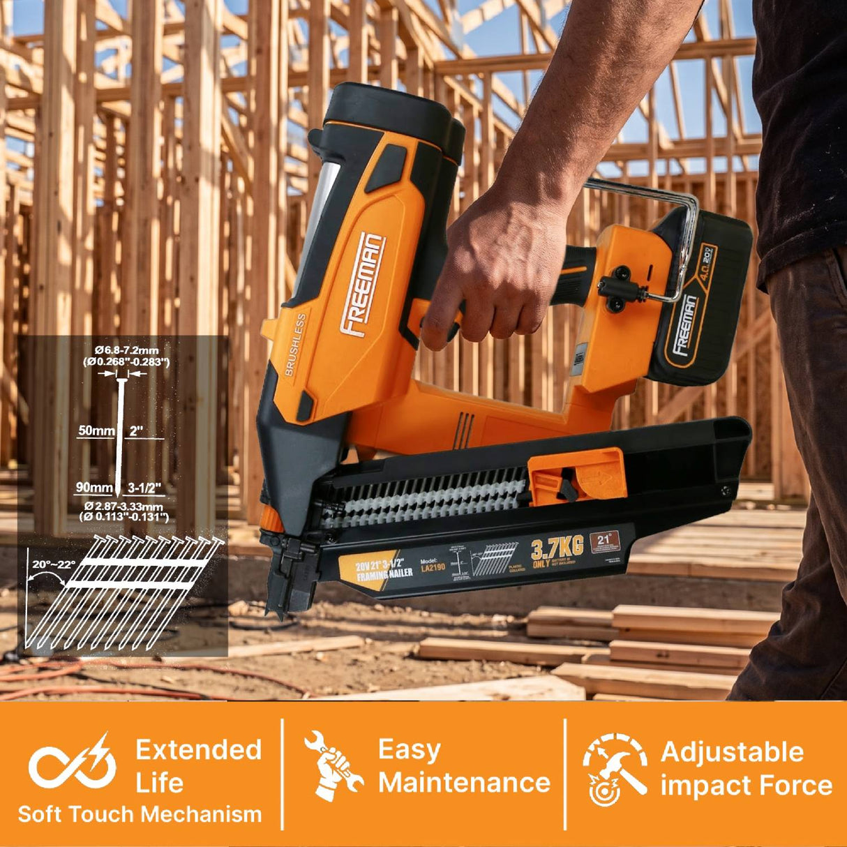 20V Cordless and Brushless 21° 3-1/2" Framing Nailer Kit