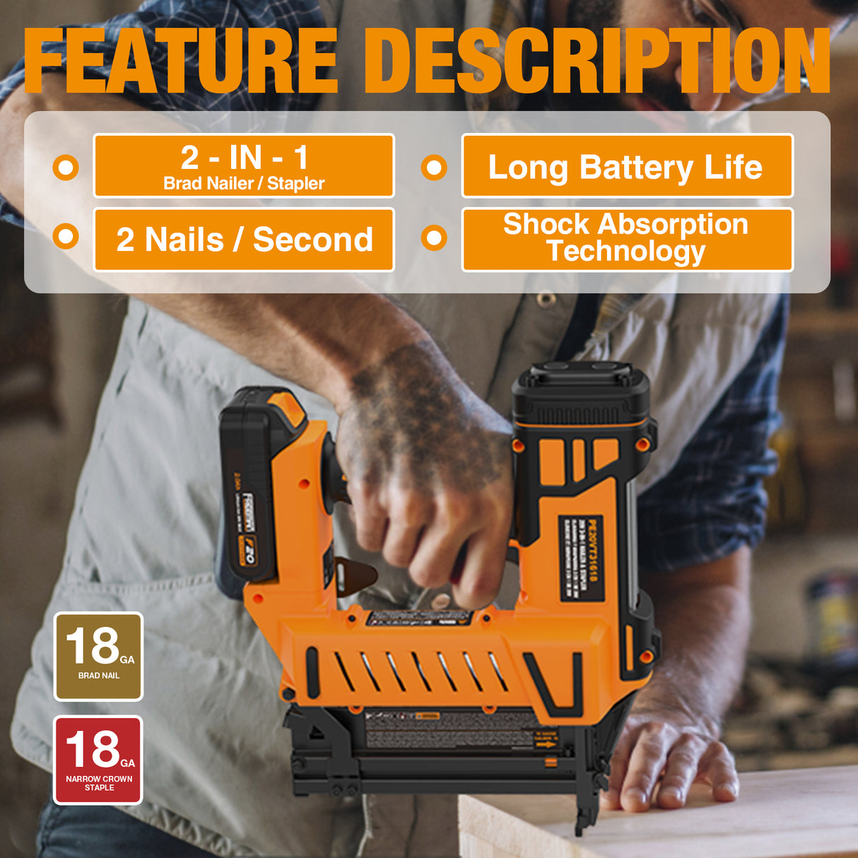 PE20V2118G2 20 Volt Cordless 2-in-1 18-Gauge 2" Nailer / Stapler Kit