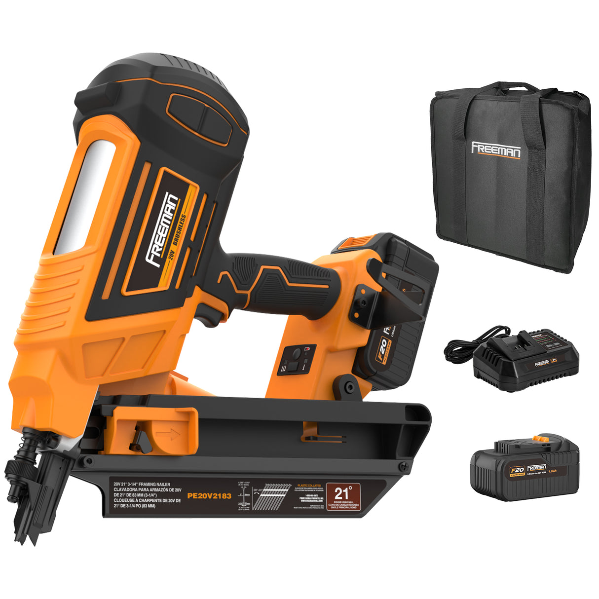 PE20V2183 20 Volt Cordless and Brushless 21 Degree 3-1/4" Framing Nailer Kit