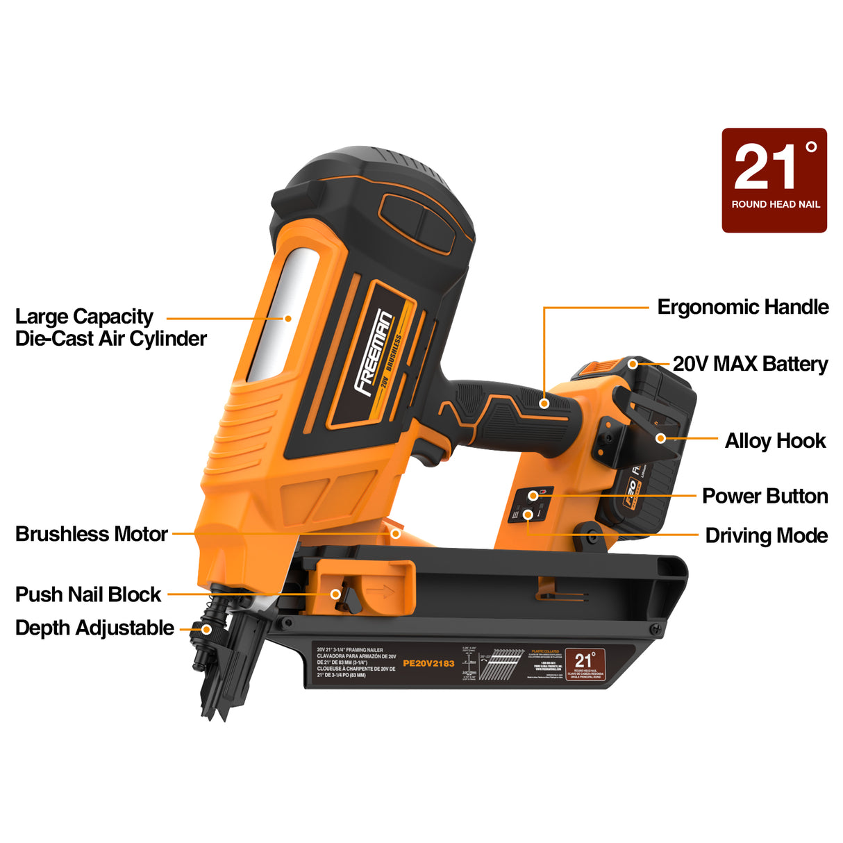 PE20V2183 20 Volt Cordless and Brushless 21 Degree 3-1/4" Framing Nailer Kit