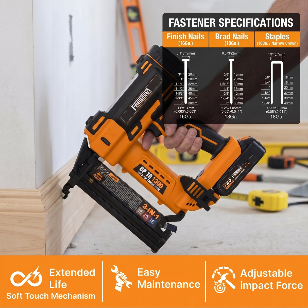 20V Cordless 3-in-1 16 & 18 Gauge Finish Nailer / Brad Nailer / Narrow Crown Stapler