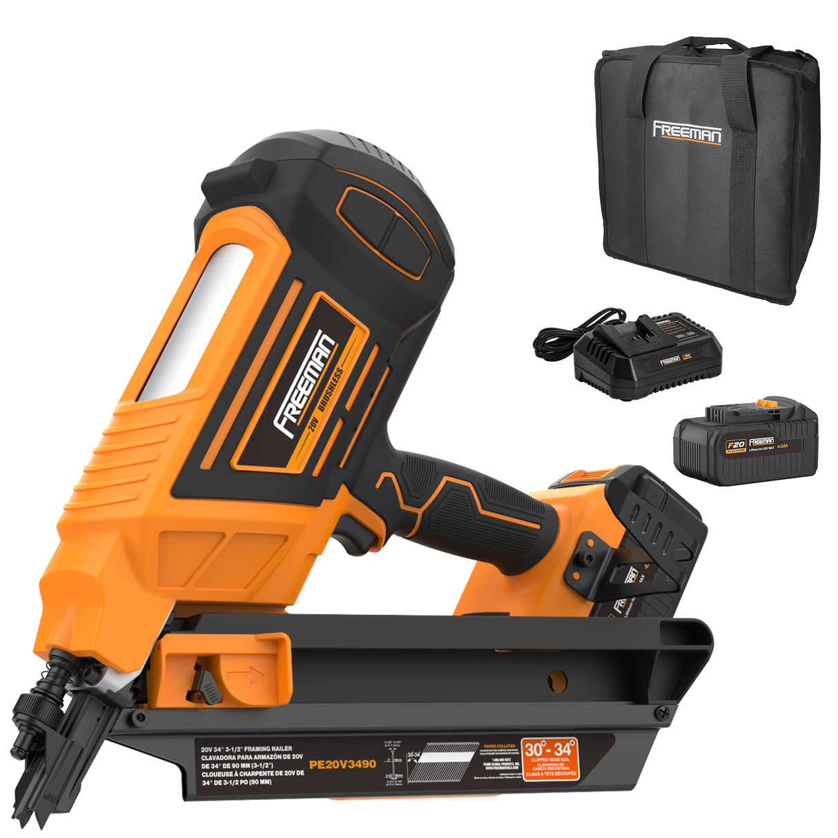 PE20V3490 20 Volt Cordless and Brushless 34 Degree 3-1/2" Framing Nailer Kit