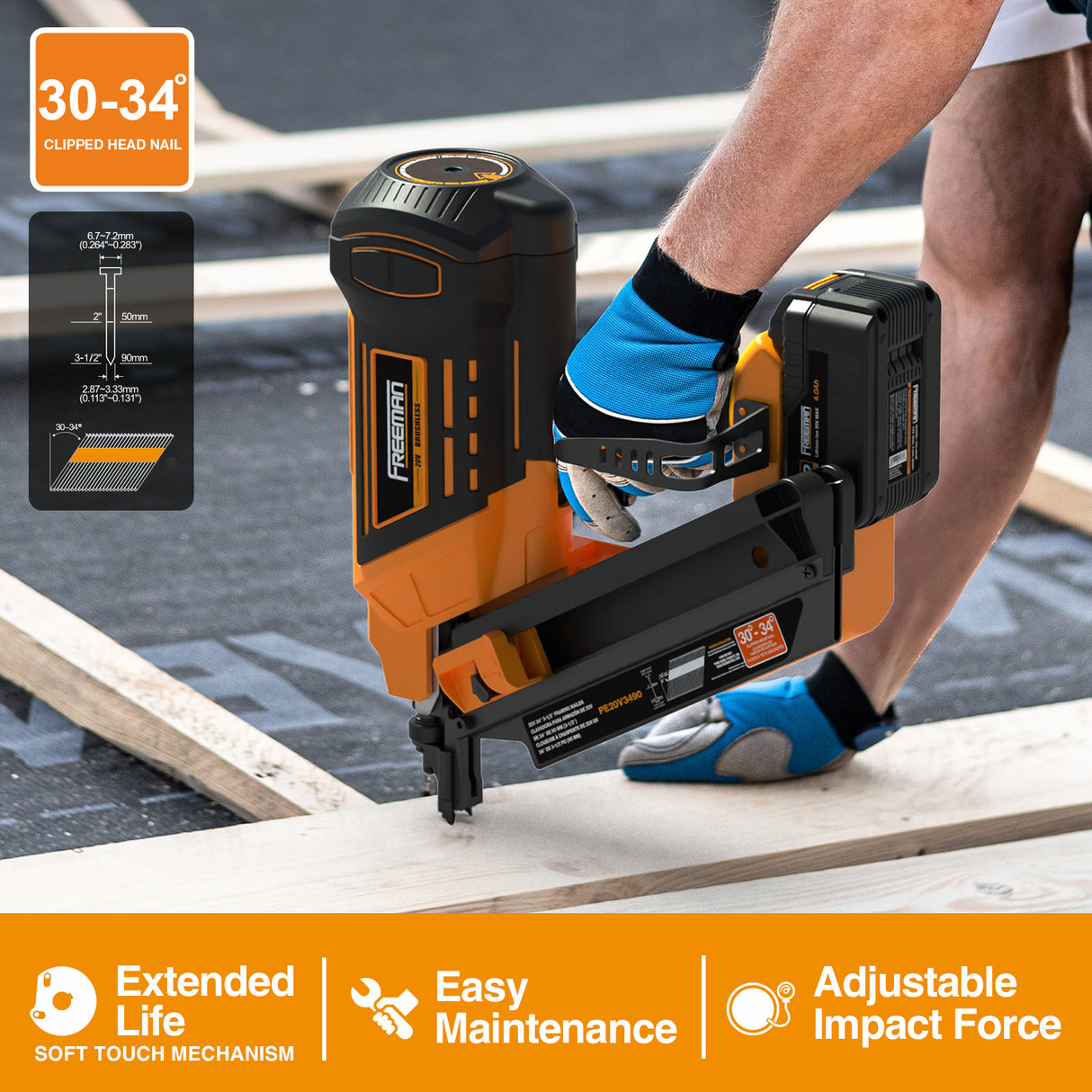 PE20V3490 20 Volt Cordless and Brushless 34 Degree 3-1/2" Framing Nailer Kit