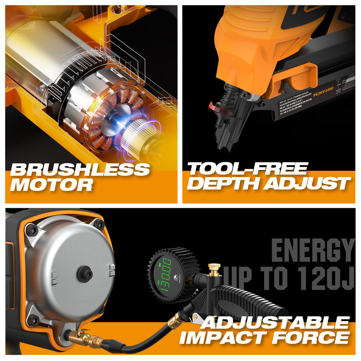 PE20V3490 20 Volt Cordless and Brushless 34 Degree 3-1/2" Framing Nailer Kit