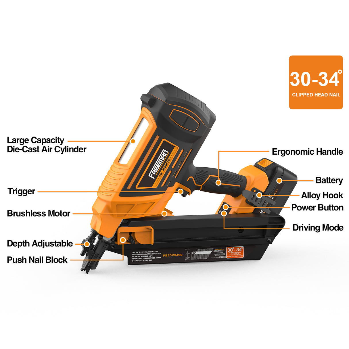 PE20V3490 20 Volt Cordless and Brushless 34 Degree 3-1/2" Framing Nailer Kit