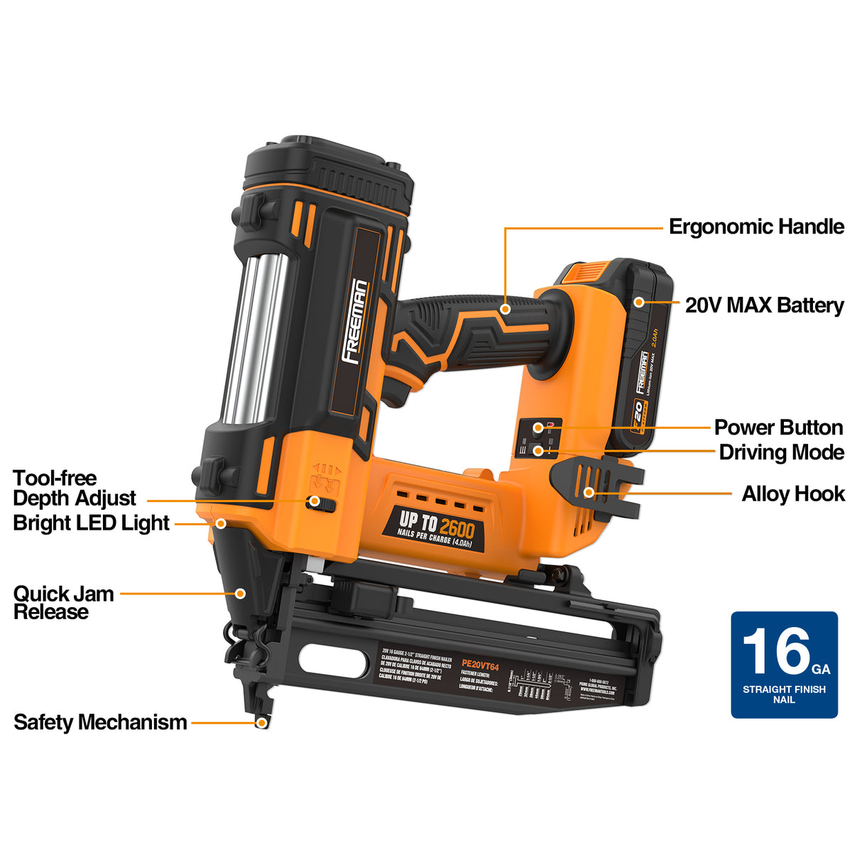 PE20VFN64 20 Volt Cordless 16-Gauge 2-1/2" Straight Finish Nailer Kit