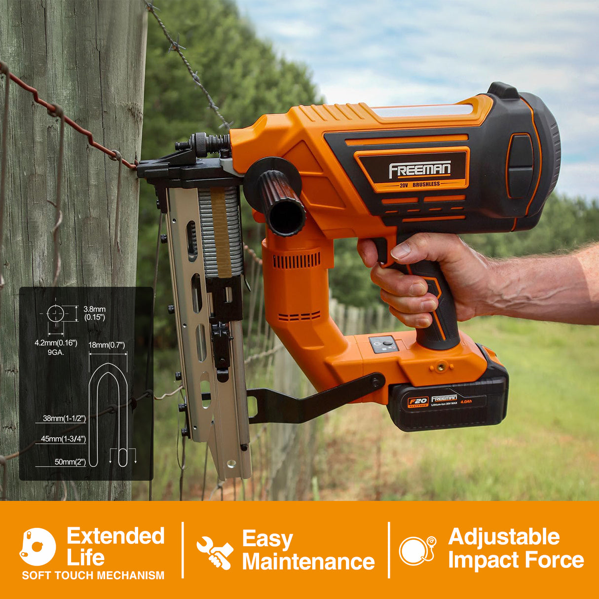 PE20VFS9 20 Volt Cordless and Brushless 9-Gauge 2" Fencing Stapler Kit