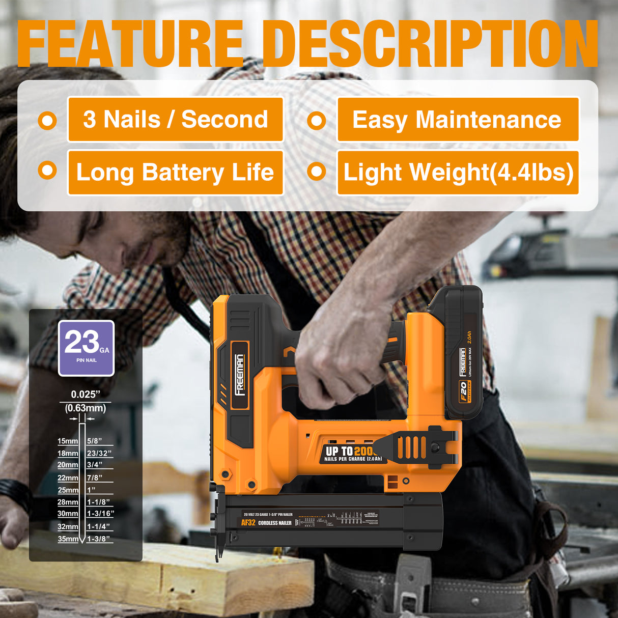 PE20VP23138 20 Volt Cordless 23-Gauge 1-3/8" Pin Nailer Kit