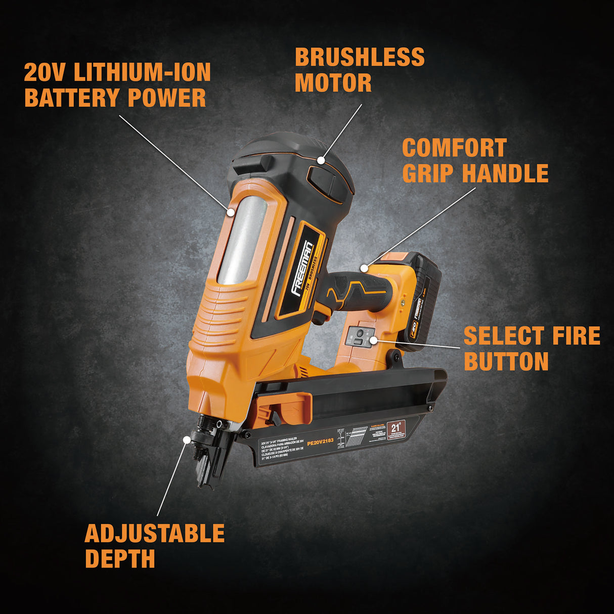 PE20VT2183 20 Volt Cordless and Brushless 21 Degree 3-1/4" Framing Nailer (Tool Only)
