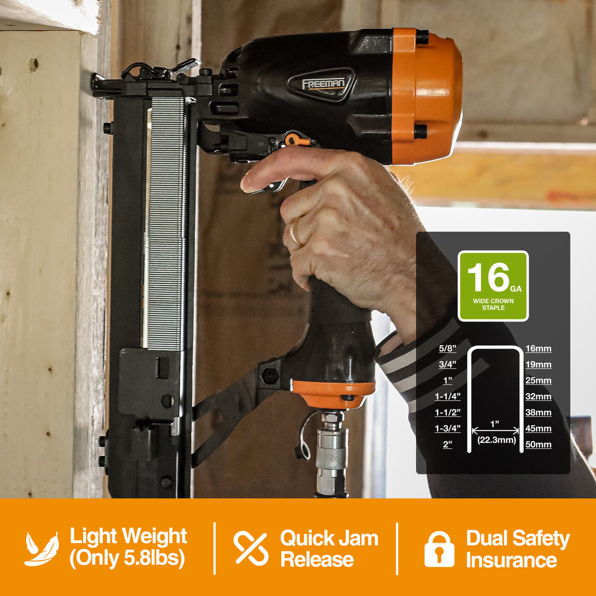 PWCS50 Pneumatic 16-Gauge 1" Wide Crown Stapler for DeWalt® and Bostitch® 16S2 Series Staples