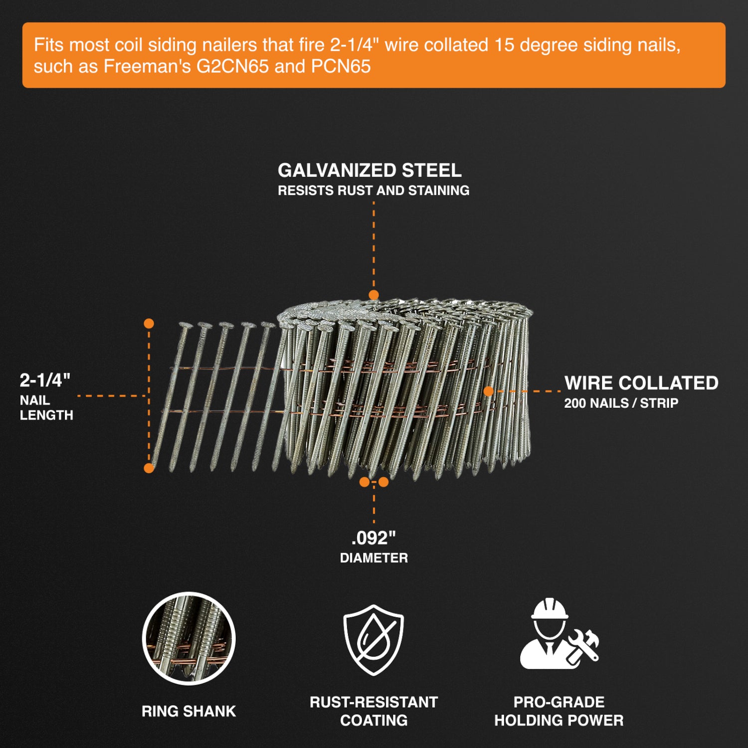 SNRSHDG92-225WC 15 Degree 2-1/4" Wire Collated Exterior Galvanized Ring Shank Coil Siding Nails (3600 Count)