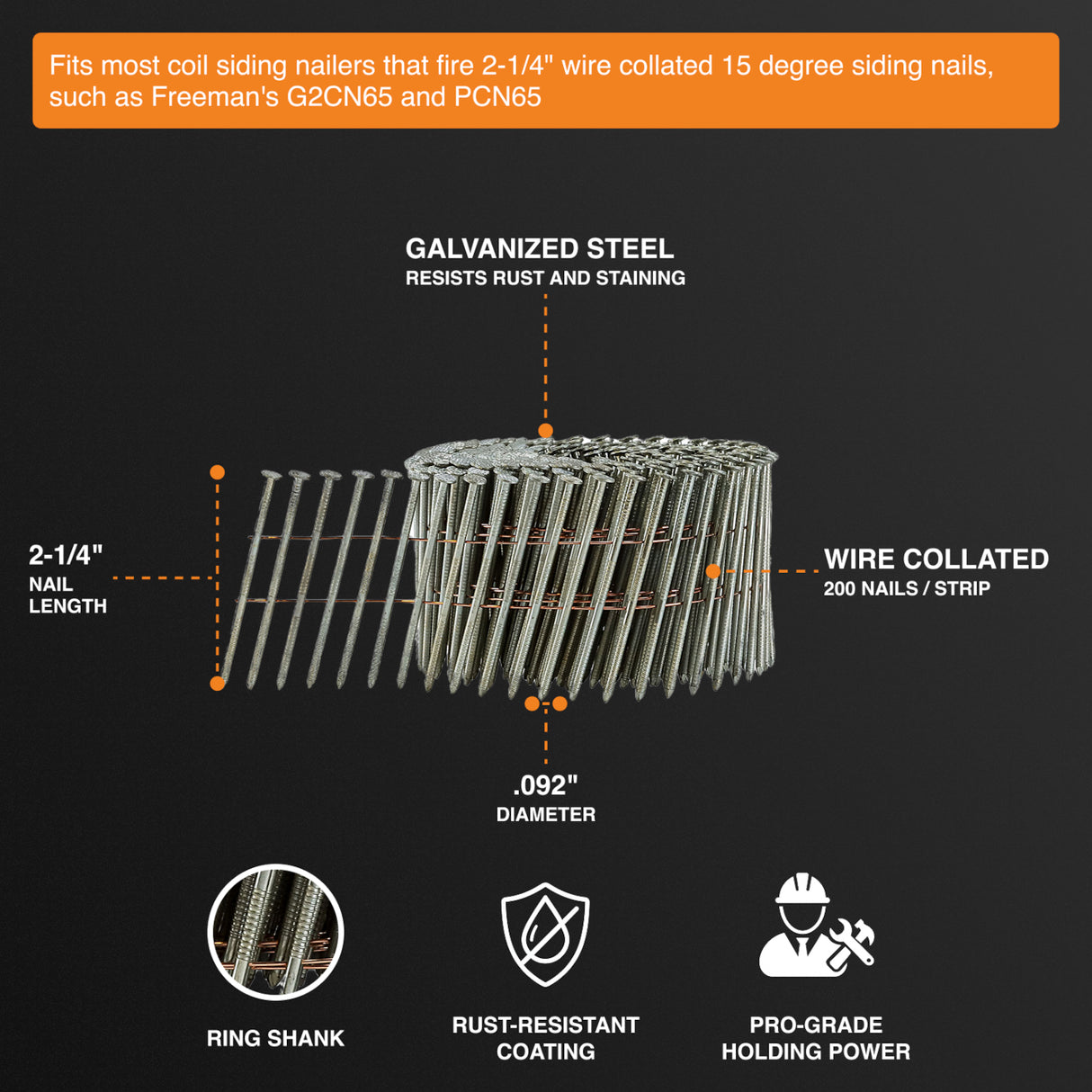 SNRSHDG92-225WC 15 Degree 2-1/4" Wire Collated Exterior Galvanized Ring Shank Coil Siding Nails (3600 Count)