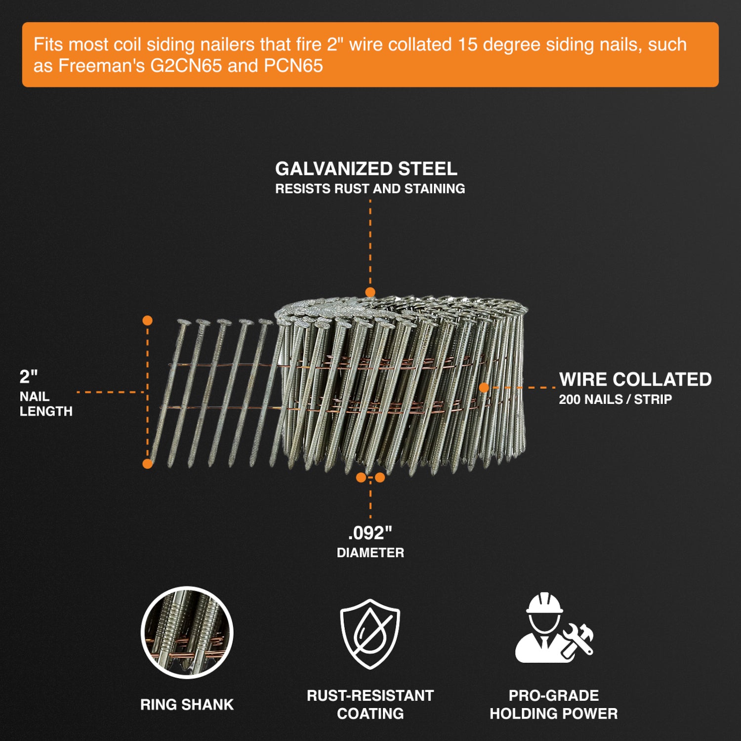 SNRSHDG92-2WC 15 Degree 2" Wire Collated Galvanized Ring Shank Coil Siding Nails (3600 Count)