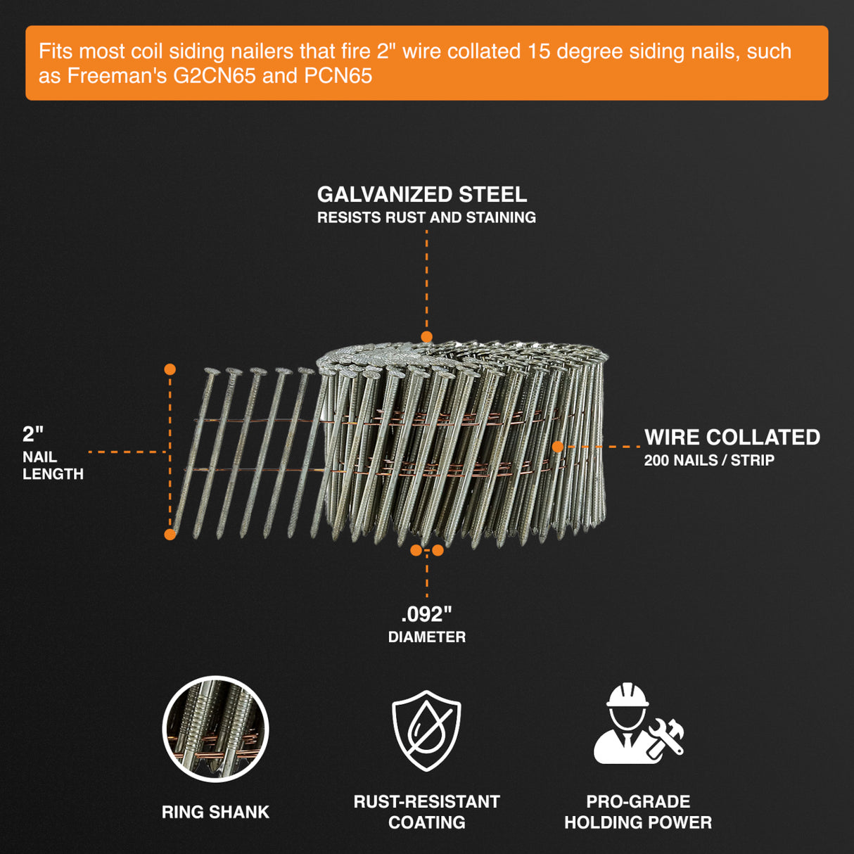SNRSHDG92-2WC 15 Degree 2" Wire Collated Galvanized Ring Shank Coil Siding Nails (3600 Count)