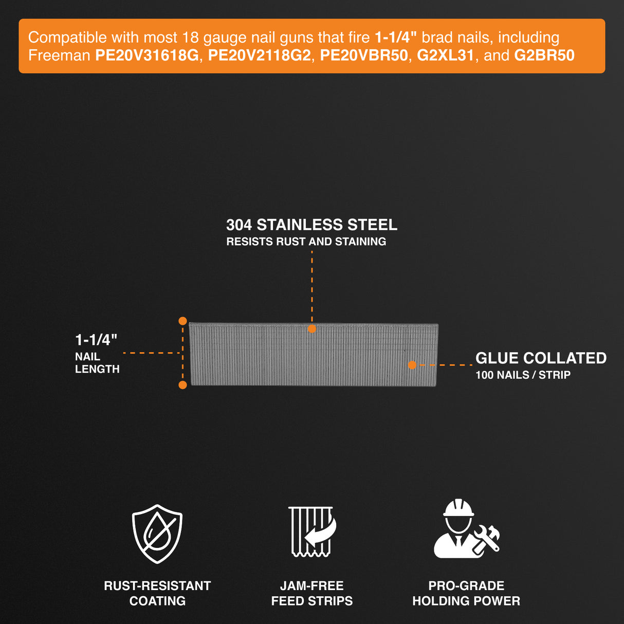 SSBN18-125 18-Gauge 1-1/4" Glue Collated Stainless Steel Brad Nails (1000 Count)