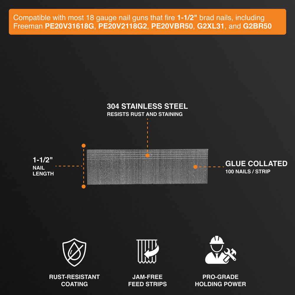 SSBN18-15 18-Gauge 1-1/2" Glue Collated Stainless Steel Brad Nails (1000 Count)