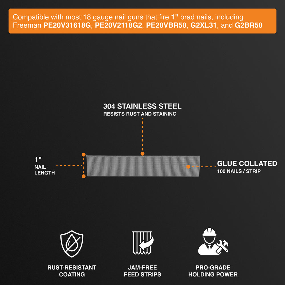SSBN18-1 18-Gauge 1" Glue Collated Stainless Steel Brad Nails (1000 Count)
