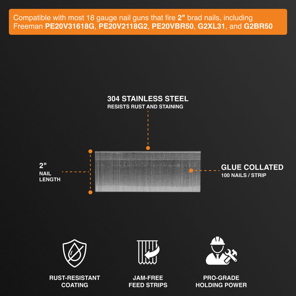 SSBN18-2 18-Gauge 2" Glue Collated Stainless Steel Brad Nails (1000 Count)